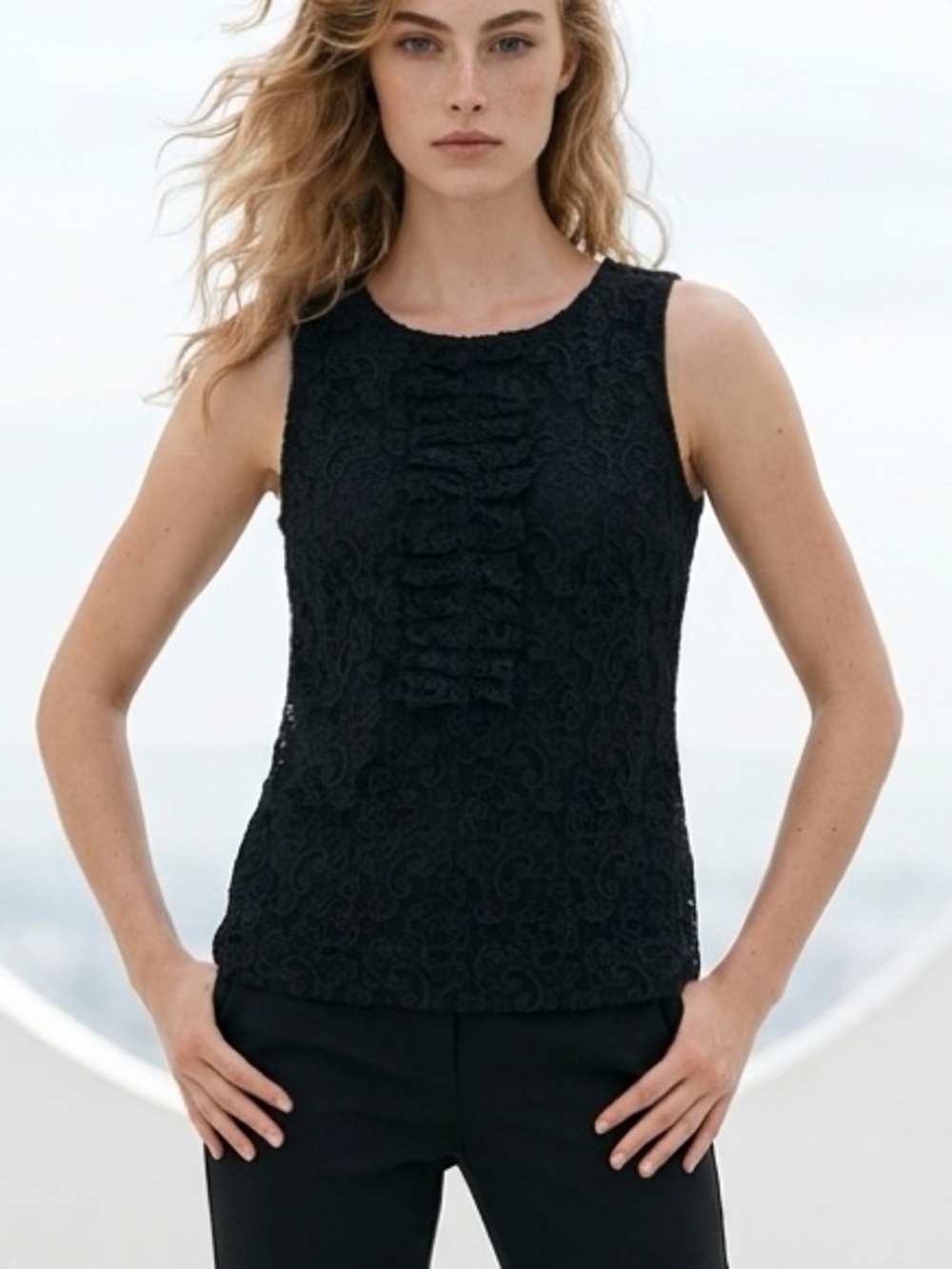 INC International Concepts Black Lace Ruffle Shell Top
